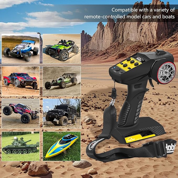 RC Radio System 4CH 2.4G RC Transmitter with Receiver Built-in Gyro and Lanyard Anti-Jamming Remote Controller for RC Car Crawler Boat (Black & Yellow)