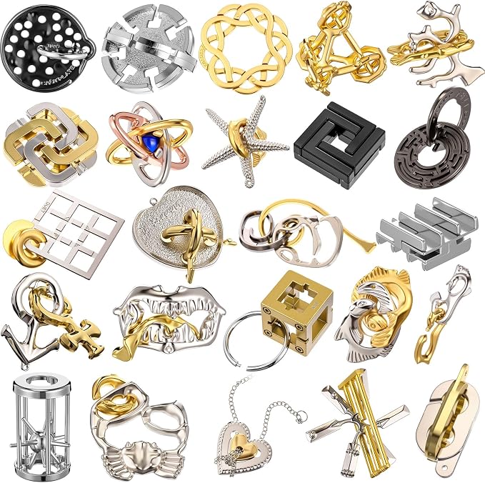24 Pcs Metal Brain Teaser Puzzles Assortment for Adults Difficult Magic Puzzles Highly Hard Brain Games Iq Logic Test Disentanglement Game for Mind Challenge(Funny)