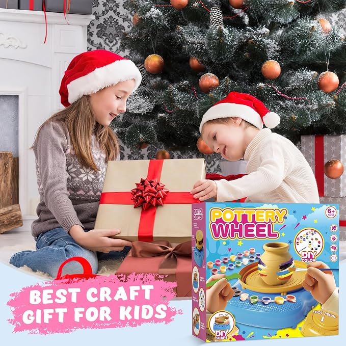 Pottery Wheel for Kids with Complete Clay Kit,Beginner Pottery Painting Set with Air Dry Clay,12 Paints,Sculpting Tools,Apron and Guide,Arts and Crafts Christmas Birthday Gift for Girls Boys Ages 6-12