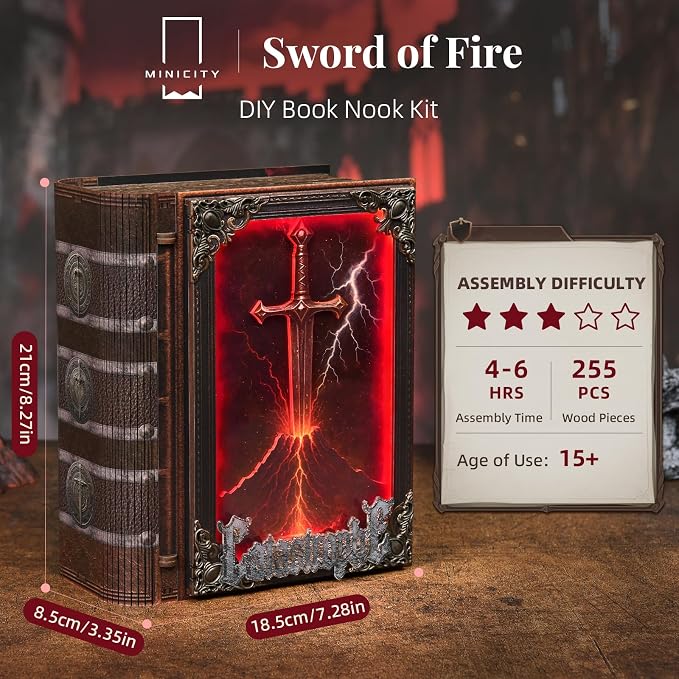 MiniCity DIY Book Nook Kits for Adults, Miniature Dollhouse Booknook Kit, 3D Wooden Puzzle Creative Decorative Bookends Bookshelf Diorama Insert Crafts Hobbies Gifts (The Sword of Fire)