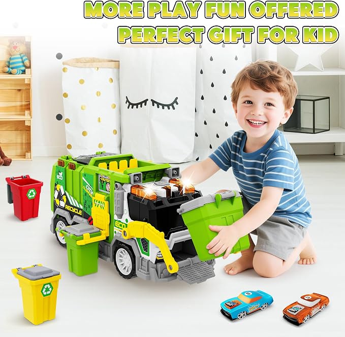 Large Friction Powered Garbage Truck Toy Set with Effect Sound, 2pcs Ejecting Race Cars, Includes Dumpster, Trash Bins, Birthday Gifts for Age 3 4 5 6 7 8 Year Old Boys Kids