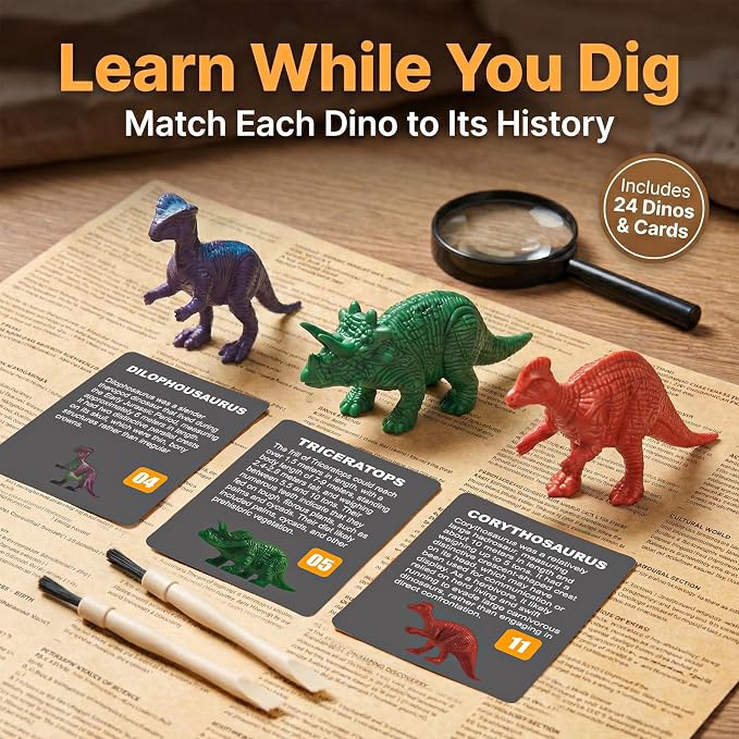 24 Pack Colorful Dinosaur Eggs Excavation Kit with Learning Cards - Dino Dig STEM Science Toy for Kids - Easter Basket Stuffers, Party Favors Birthday Gifts Classroom Activities for Boys Girls Age 3+
