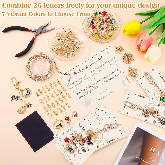 TOHONGADON 285 Pcs Keychain Making Kit, Bag Charm Kit with 92 Charms, 22 Keychain Clips, Key Ring Jewelry Plier, Extender Chain, Letter Beads for DIY Crafting and Jewelry Making