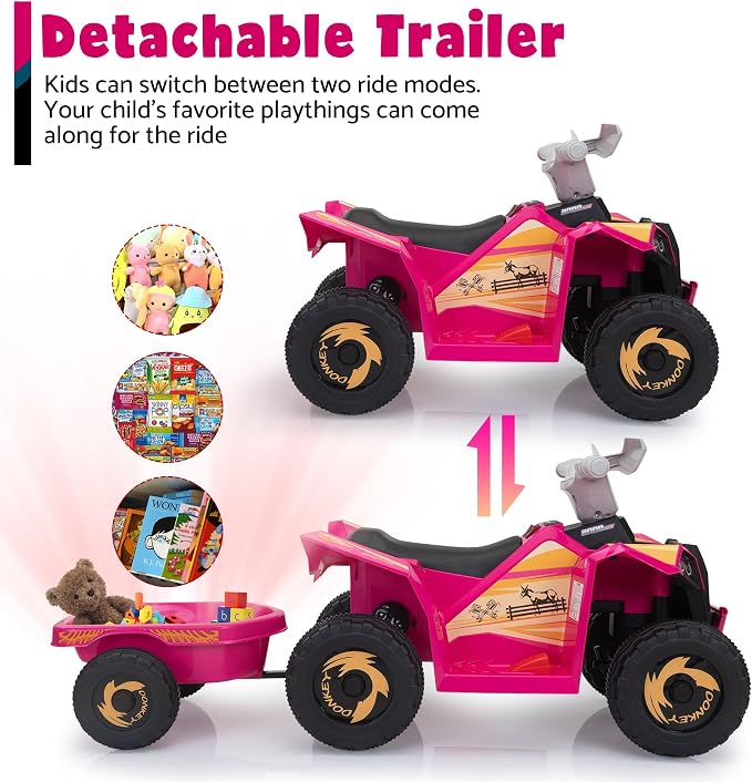 TOBBI 6V Electric Kids Ride On Toy Car with Trailer, Toddler 4 Wheeler Powered Vehicle to Drive with Music/Battery Volume Display for Children Age 3-6 -Rose Red