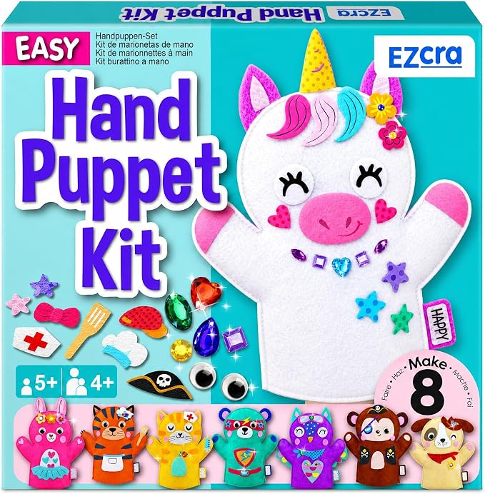 EZCRA Unicorn Hand Puppet Making Kit for Kids Ages 5-10 - Make Your Own Puppets - 8 DIY Craft Projects with Stickers - Educational Gift for Girls & Boys
