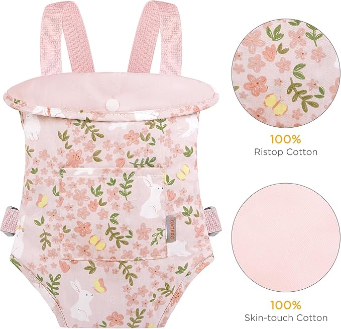 GAGAKU Doll Carrier, Reborn Baby Doll Accessories, Dolls Carrier Pretend & Role Play Toy for Kids Ages 3+ Toddlers - Pink - Rabbit Garden