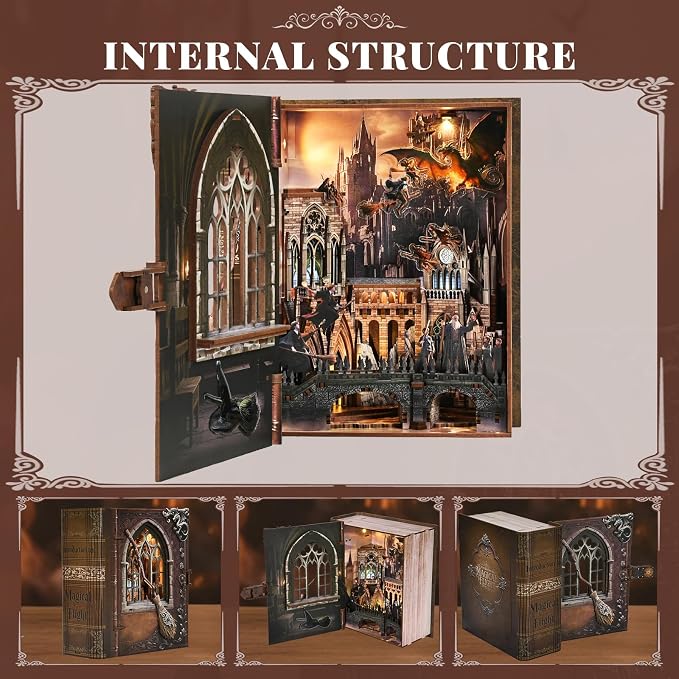 Introduction to Magical Flight Bookend, Openable Door Design with LED Light, DIY 3D Wooden Puzzle Assembly Decor, Vintage Magical Scenery Desktop Ornament for Home Shelf Decoration