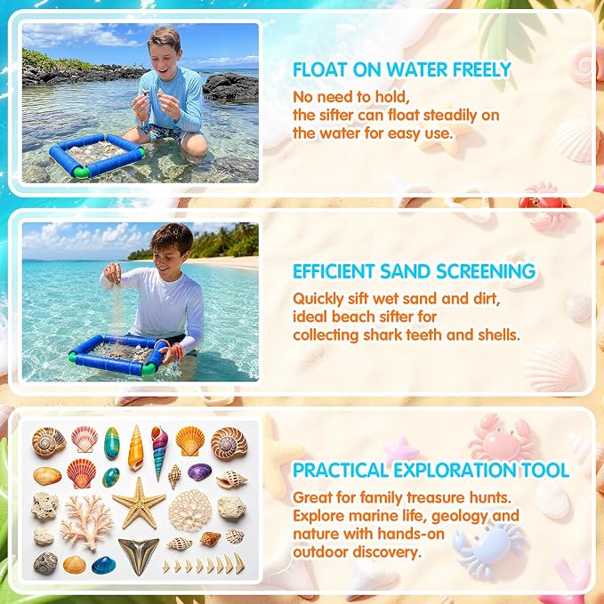 Floating Shark Tooth Sifter, Professional Stainless Steel Sand Sifter for Beach, Lightweight Shark Teeth Sifter for Fossil Hunting, Shelling & Beachcombing