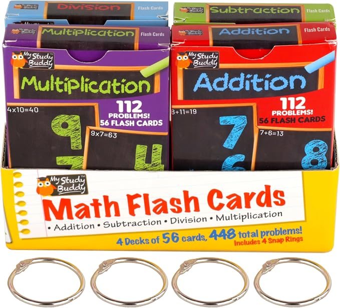 Regal Games Math Flash Cards for Multiplication, Division, Addition and Subtraction - 1st, 2nd, 3rd Grade Math & More - Flash Cards w/ 4 Binder Rings for Kids (224 Cards - 4 Packs)