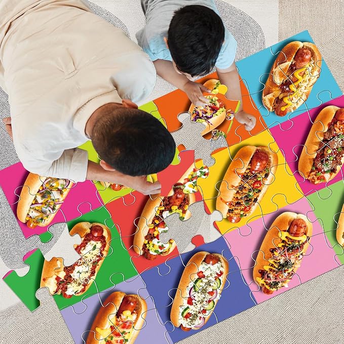 IFLOVE Hot Dog Floor Puzzle for Kids — 48 Piece Jumbo Hot Dog Jigsaw Puzzle, Food-Themed Puzzle with Colorful Hot Dogs and Toppings, Educational Toy Birthday for Boys Girls Ages 3-8