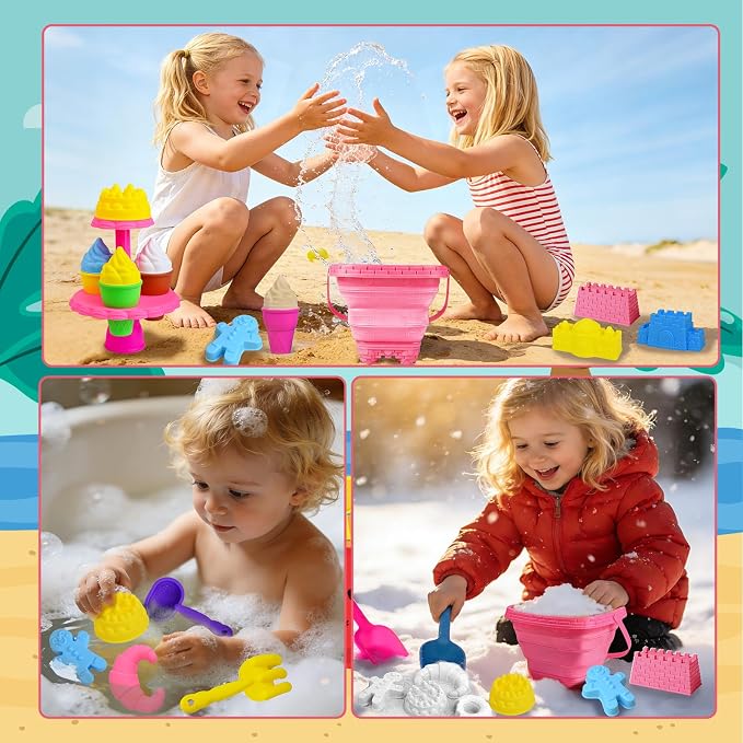 Beach Toys for Kids,Sand Toys 31Pcs Kids Sand Play Set,Castle & Dessert Molds with Collapsible Buckets, Sand Castle Building Kit,Shovels and Mesh Bag,Summer Outdoor Travel Toys for Toddlers Boys Girls