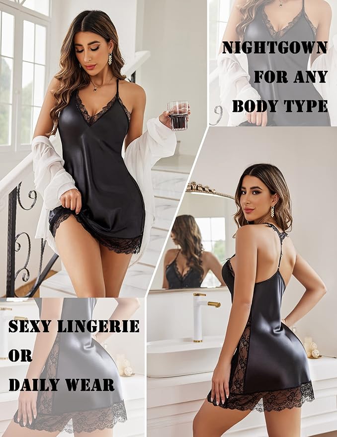 Avidlove Women Lingerie Satin Lace Chemise Nightgown Sexy Full Slips Sleepwear S-4XL