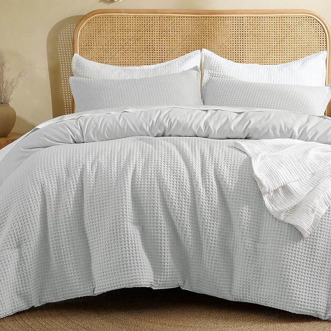 David's Home Waffle Weave Comforter Set 3PCS California King Size, Soft Breathable Lightweight Cozy Skin-Friendly Warm for All Season, Aesthetic Home Decor Bedding Set with Pillow Shams, Light Grey