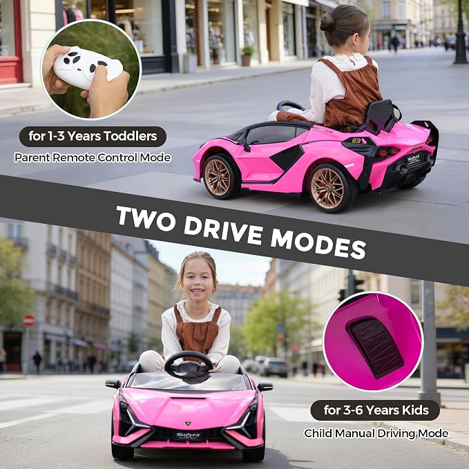 Licensed Lamborghini SIAN Kids Electric Ride On Car by TOBBI, Toddler 12V Battery Powered 4 Wheeler Driving Vehicle Toy with Remote Control/Safety Belt/Horn & LED Lights for Children Age 1-6-Pink