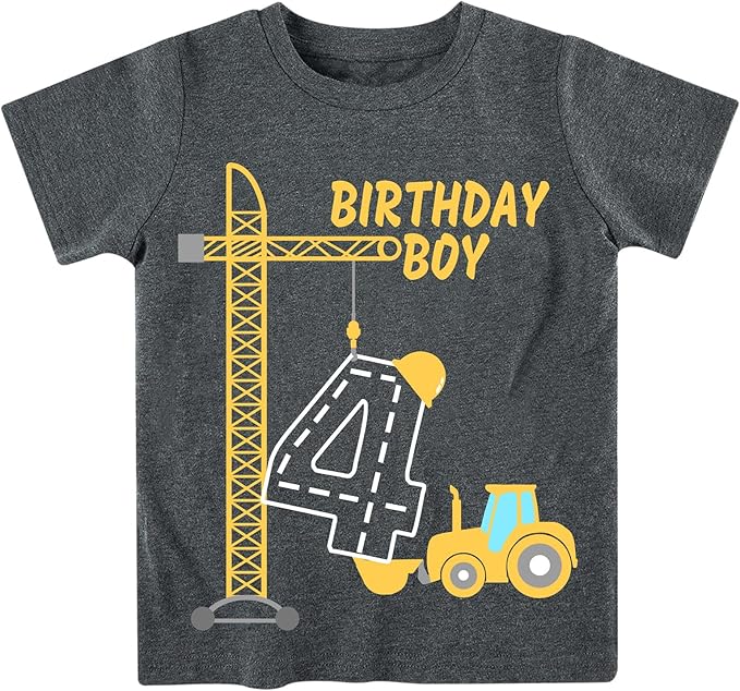 Lovekider 2-5 Years Birthday Boy Shirt Construction Party T-Shirts Excavator Cotton Short Sleeve Tee Dark Grey