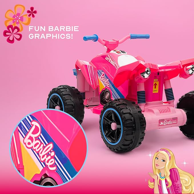 Barbie - 12V ATV Ride On Toy for Kids, LED Headlights, Battery Powered