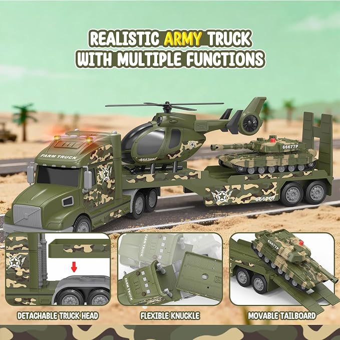 Toddler Toys for 3 4 5 6 Year Old Boys - 27" Large Semi Army Truck Toy with Tank and Helicopter, 3-in-1 Friction Powered Transport Vehicle with Lights Sounds, Christmas Birthday Gifts for Boys
