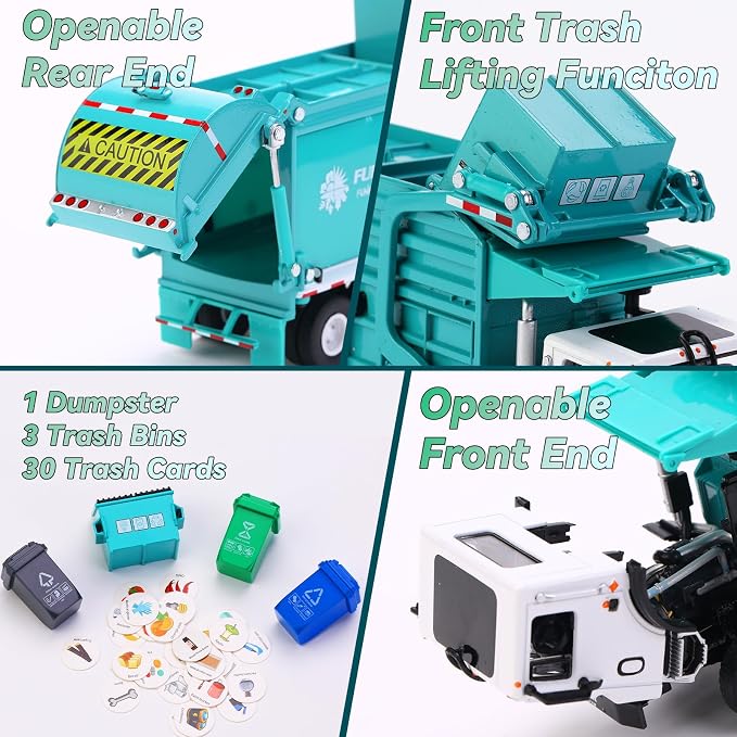 FUBARBAR Truck Toy Model – 1:43 Diecast Metal Garbage Recycling Waste Transport Truck with Trash Bin, Pull Back Model Car Toy for Kids 4-6 Age Boys Birthday Gift (Blue)