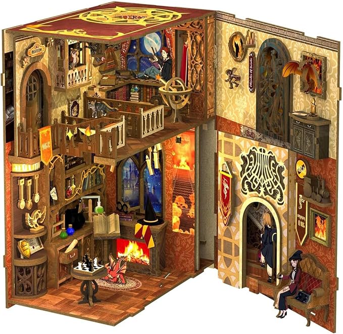 Fsolis Book Nook Kit, 3D Wooden Puzzle for Adults | Bookshelf Miniature Room House Kit DIY Gifts for Women Book Lovers (Flam Common Room)