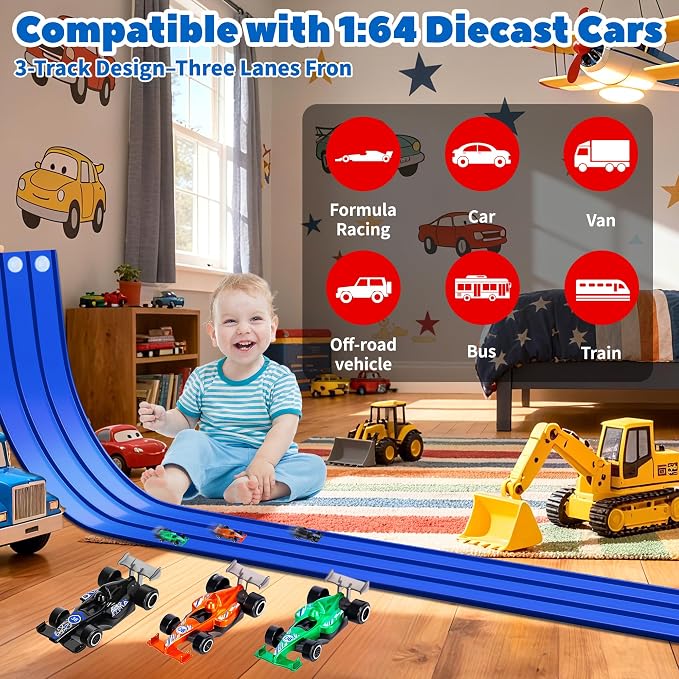 3-Lane Flexible Race Track for Kids with Suction Cups, Race Car Ramp Track & 15ft Race Car Track Compatible 1:64 Diecast Cars,Portable Roll Up Track Toy,Gift Race Track for Kids 3+ (Blue)