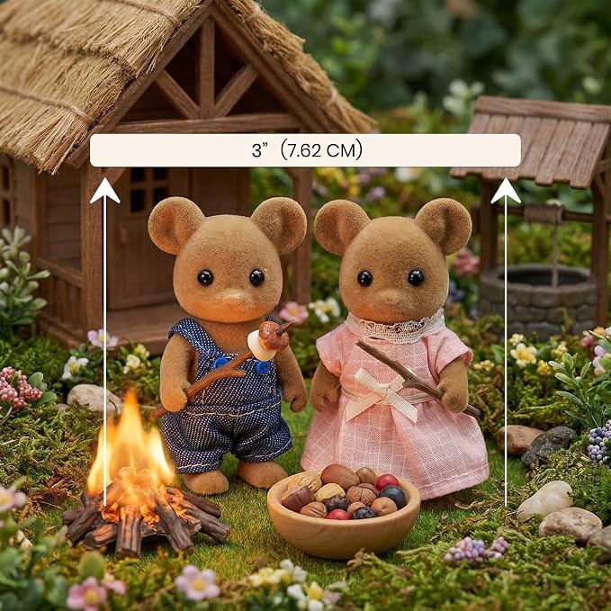 Family Brown Mouse Figures — Set of 2 Collectible Flocked Mini Dolls with Removable Clothes, Dollhouse Pretend Play Set for Kids Ages 3+