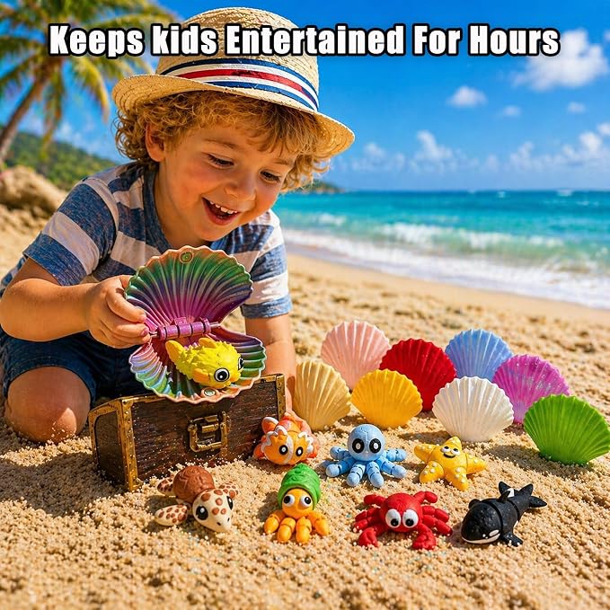 20 PCS 3D Printed Seashell Ocean Toy Set, 9 Colorful Openable 3D Shells with Movable Sea Creatures, Shell Opener & Storage Mesh Bag, Portable Summer Beach Pool Sensory Toys for Boys Girls