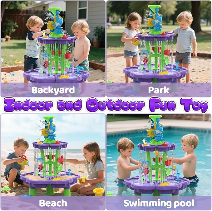 Kids Flower Water Sand Table for Toddlers - 2-Tier Outdoor Water Sand Play Table Toys for Boys Girls, Summer Splash Activity Sensory Table Party Birthday Gift for Kids 3-5 6-12(Purple)