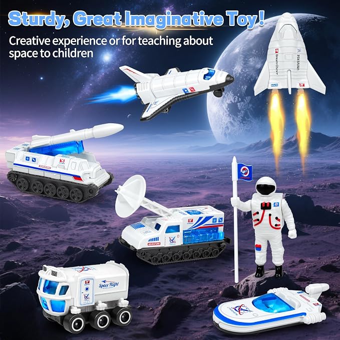 7PCS Diecast Space Toys with Astronaut Figure, 1:64 Scale Rocket Ship, Explore, Space Shuttle Toys for Kids 3-5 6 7 8 Spaceship Rocket Toy Playset for Boys Birthday Easter Gifts