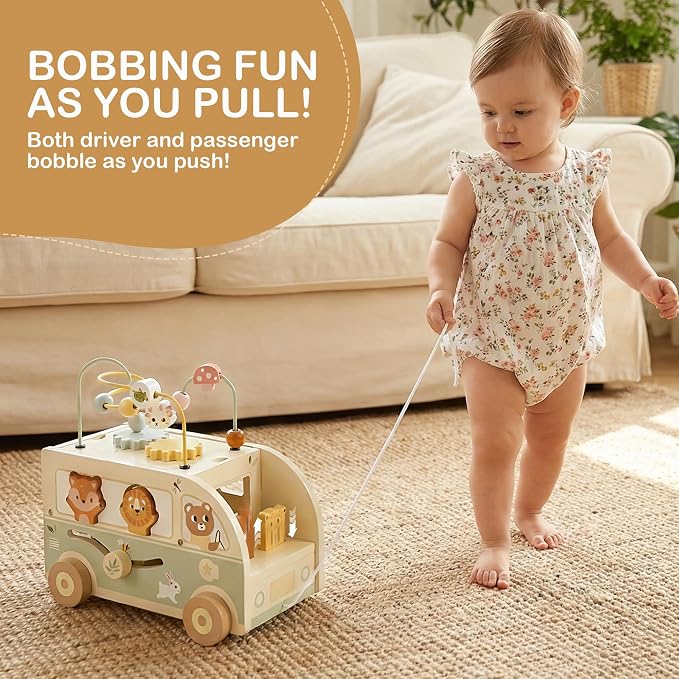 Pithfor Wooden Montessori Toys for 1 Year Old, Push & Pull Car Toys for Baby Toddlers 1 2 3 Year Old, 1st First Birthday Gift for Boys Girls, with Bobbling Driver & Bead Maze
