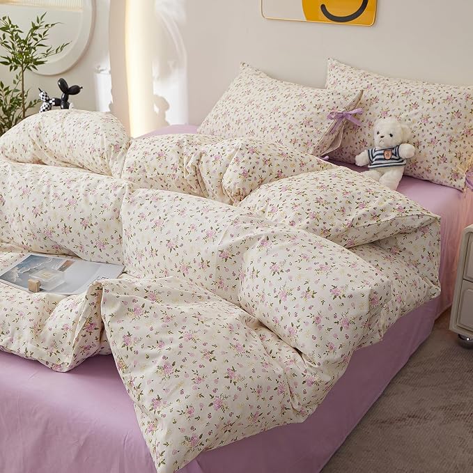 LifeTB Floral Cottagecore Comforter Set Queen, 3 Pieces Vintage Flowers Comforter Coquette Aesthetic Bedding Set for Girls Teen Women, Soft Lightweight Botanical Comforter with 2 Bow Ties Pillowcases