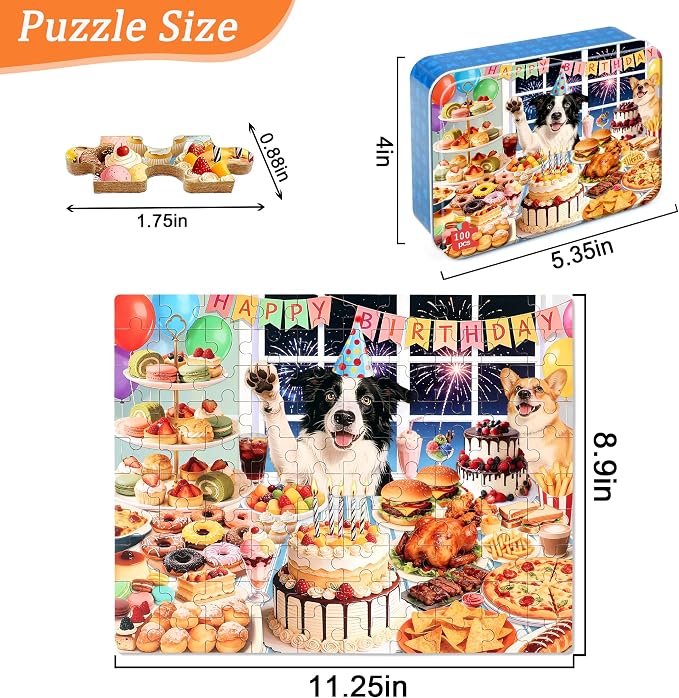 MZZOTOY Dog Birthday Party Puzzle for Kids Ages 4-8, 100 Pieces Jigsaw Puzzles for Kids Ages 3-5， Learning Educational Puzzles Toys Great Gift for Boys Girls in a Metal Box