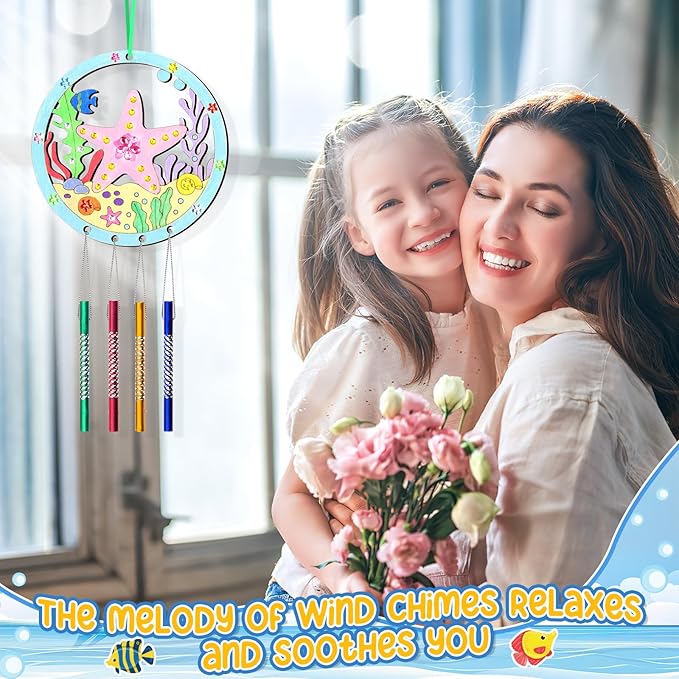 12Pack Wind Chime Kit for Kids Make Your Own Ocean Animals Wind Chime DIY Coloring Wood Crafts Summer Wooden Arts and Crafts Under Sea Ornaments for Boys Girls School Activities Party Decoration