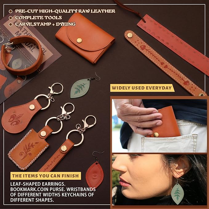 Leather Crafting Kit: Leather Working Tools and Supplies for DIY Craft Beginners Stamping Dyeing Carving Sewing Edge Sealing with Video Tutorials for Earrings Wallet Keychain Wristband Bookmark