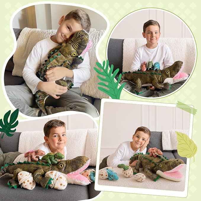 MorisMos Plush Alligator Stuffed Animal with Babies, 23.6'' Mommy Stuffed Alligator with 3 Baby Crocodile Animals & 3 Plush Eggs, Lifelike Crocodile Toys for Kid 3-5 Birthday Decor