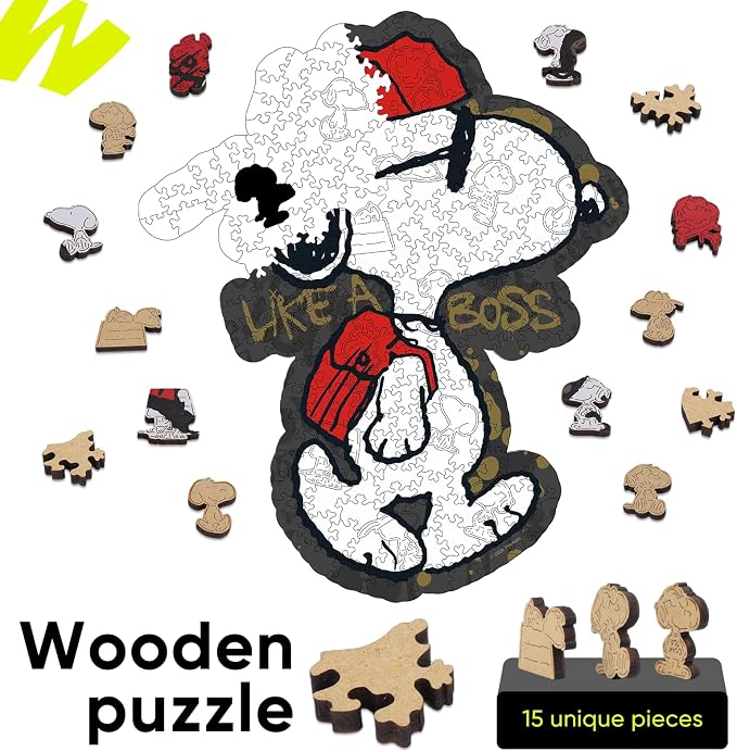 Peanuts Wooden Puzzles for Adults – Snoopy Puzzles for Fans, 200 Pieces Unique Shaped Jigsaw Puzzles, Best Gift for Snoopy Lovers, 5MM Thick, Officially Licensed Merchandise – Joe Cool, 12.5" x 10.4"