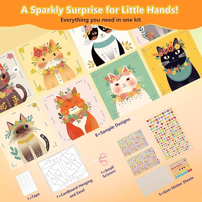 Marlrin Cat Diamond Art for Kids Ages 4-8, Gem Stickers Crafts Kits, DIY Arts and Crafts with Display Stand, Kitten Sticker Art Kit, Birthday Easter Gift for Boys Girls Ages 3-8