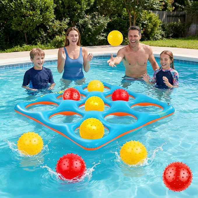 Inflatable Tic Tac Toe Pool Game Set – Pool Toys with 10 Balls, Fun for Kids, Teens, Adults, Family, Party, Beach, Outdoor & Indoor, 2-10 Players