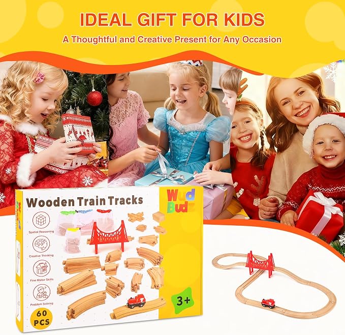Wooden Train Tracks 60 Piece Set, Track Expansion Accessories for Toddlers 3-5 - 100% Compatible with All Major Brands Including Thomas & Brio Wooden Railway System