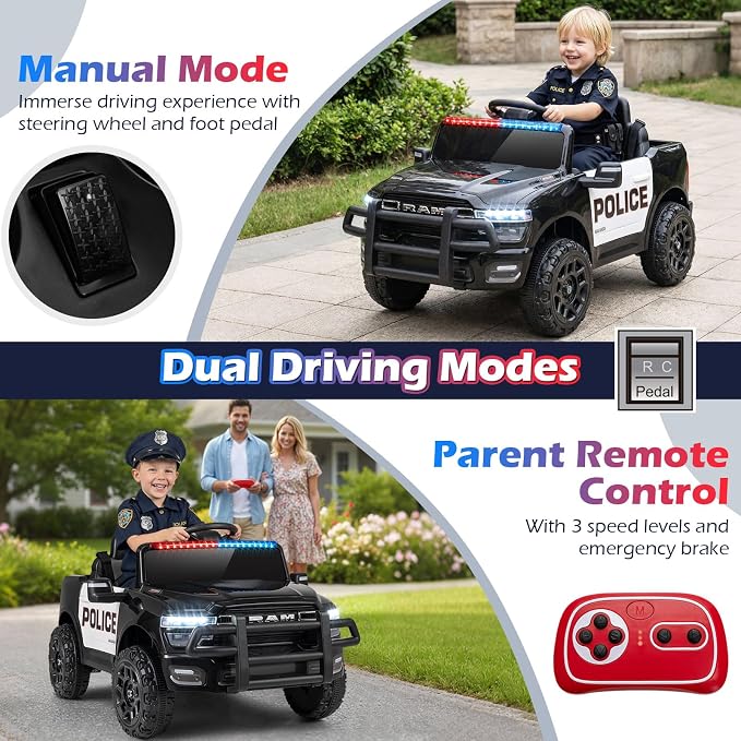 Costzon Police Car Ride On, 12V Licensed RAM Kids Electric Vehicle w/Remote Control, LED Lights, Music, Horn & Wireless Connection, Soft Start, Kids Car Toyt for Boys Girls (1-Seater,Police Dark)