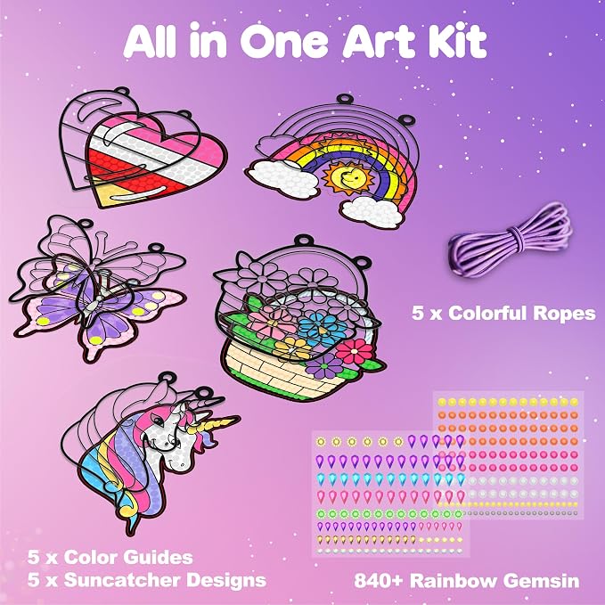 Diamond Painting Suncatcher Kits for Kid: 5PCS Gem Window Art Suncatcher Birthday Gifts Kit for Girls Ages 4 5 6 7 8 9 10 Years Old - DIY Creative Kids' Mosaic Kits Diamond Art Crafts Toys