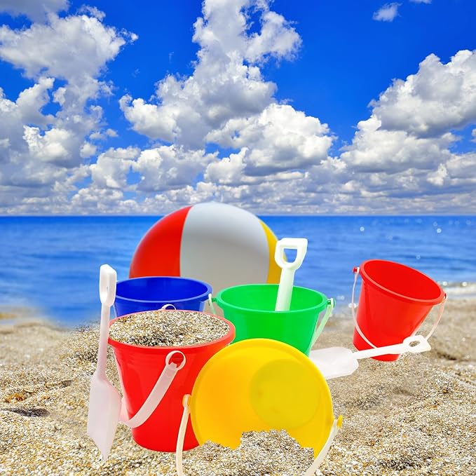 The Dreidel Company 6-Count Beach Day Playsets 5.25" Inch Sand Bucket Play Set Box Includes, Pail & Shovel Sand Toy for Boys and Girls Birthday Party Favor