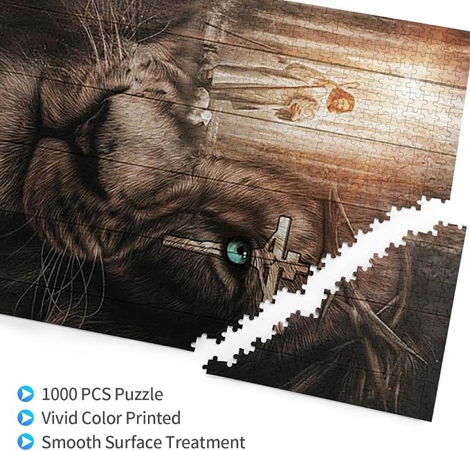 Jesus Awesome Lamb Lion and Cross On His Eye Jigsaw Puzzle 1000 Piece Wooden Puzzle Family Decorations, Unique Present Suitable for Children and Adults