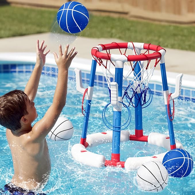 HYES 2 in 1 Pool Basketball Hoop with Ring Toss, Floating Pool Toys - Anti-Tip Stable Base - with 4 Balls/8 Rings/Pump - Summer Water Basketball Games Indoor Outdoor Gifts for Kids 4-8 & Adults, Red