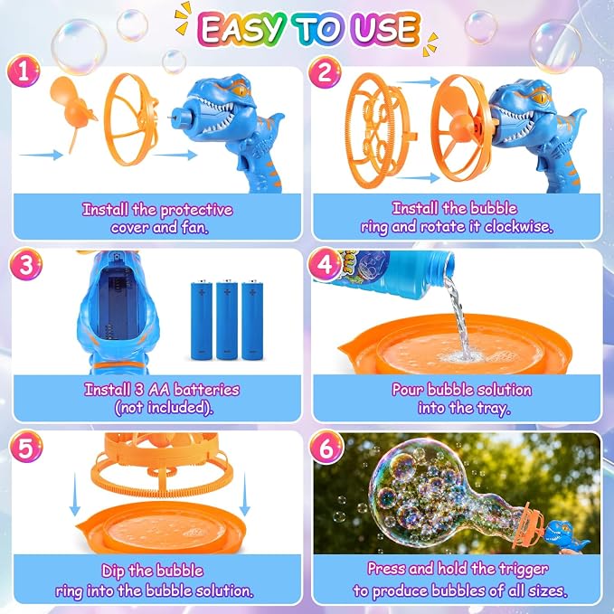 Dinosaur Shaped Bubble Gun for Kids - Blows Over 1000 Bubbles per Minute & Creates Giant Bubbles, Birthday, Christmas & Easter Gift for Boys & Girls Ages 3-9 (Blue)