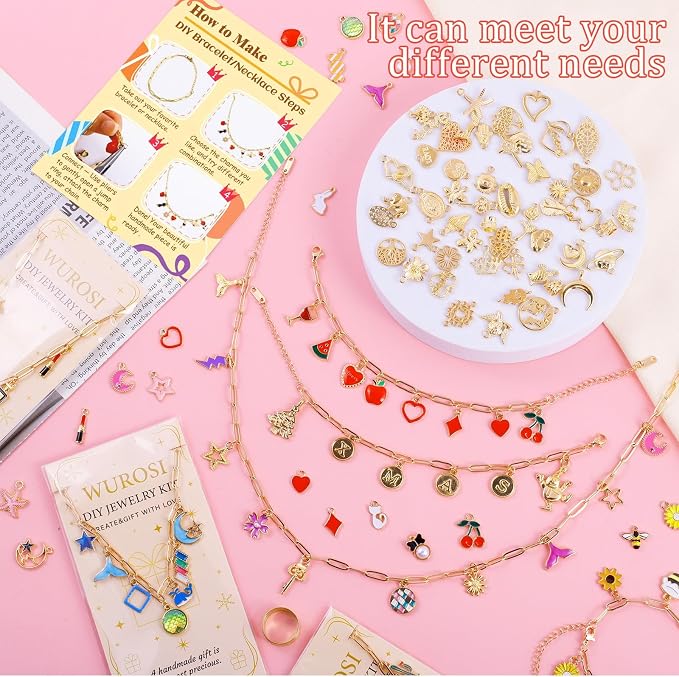 Wurosi 443 Pcs Gold Charm Bracelet Necklace Making Kit for Women, Including 8 Paperclip Chain Bracelets, 4 Paper Clip Chain Necklaces, Accessories for Jewelry Making, Crafts Beginner Supplies Gift