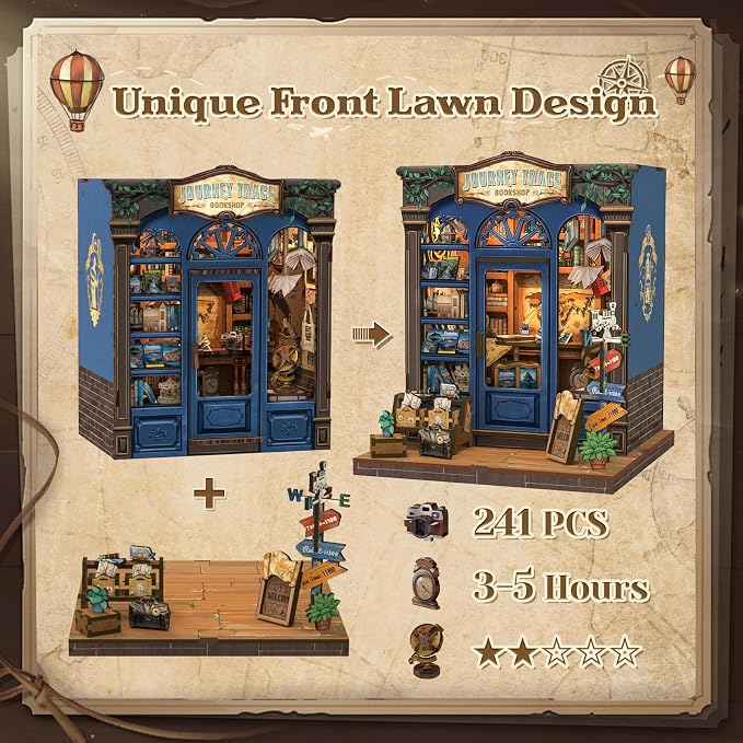 CUTEBEE Book Nook Kit - DIY Miniature House Dollhouse Kit for Adults and Teens, Booknook Tiny House Bookshelf Decor 3D Wooden Puzzle, Gifts for Family, Friends (Journey Trace Bookshop)