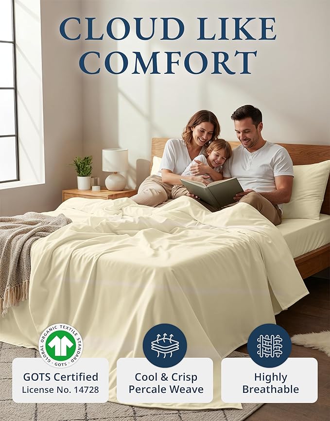 LANE LINEN Full Size Bed Sheet Set 100% Organic Cotton Soft 4pc - Natural | Full Sheets In Pure Long-Staple Organic Cotton - Breathable For Year-Round Sleep, Best-Value Organic Cotton, For Hot Sleepers