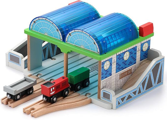 SainSmart Jr. Wooden Train Track Accessories - Premium Train Station with Double-Track Tracks and Conveyor Belt Fit for All Major Brands, Ideal Gift for Aged 3+