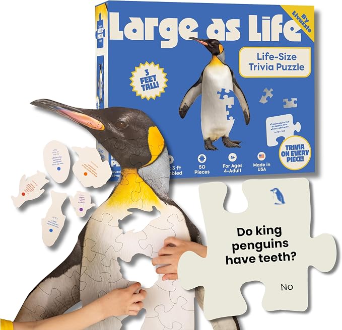 King Penguin Trivia Puzzle - 50 Piece Life-Size Penguin Puzzle with Wildlife Facts on Every Piece | Educational Animal Gift for Kids & Families | Livuzzle