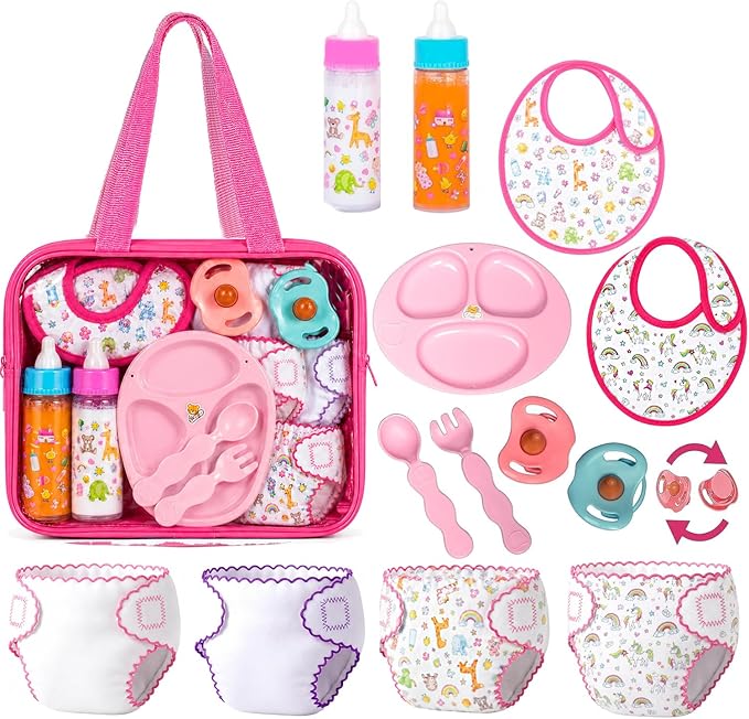 My Sweet Baby 13-Piece Doll Feeding & Diaper Bag Set – Disappearing Milk Bottles, Bibs, Pacifiers, Diapers & Accessories Set – Pretend Play Baby Doll Care Kit for Girls – Fits 12–18″ Dolls